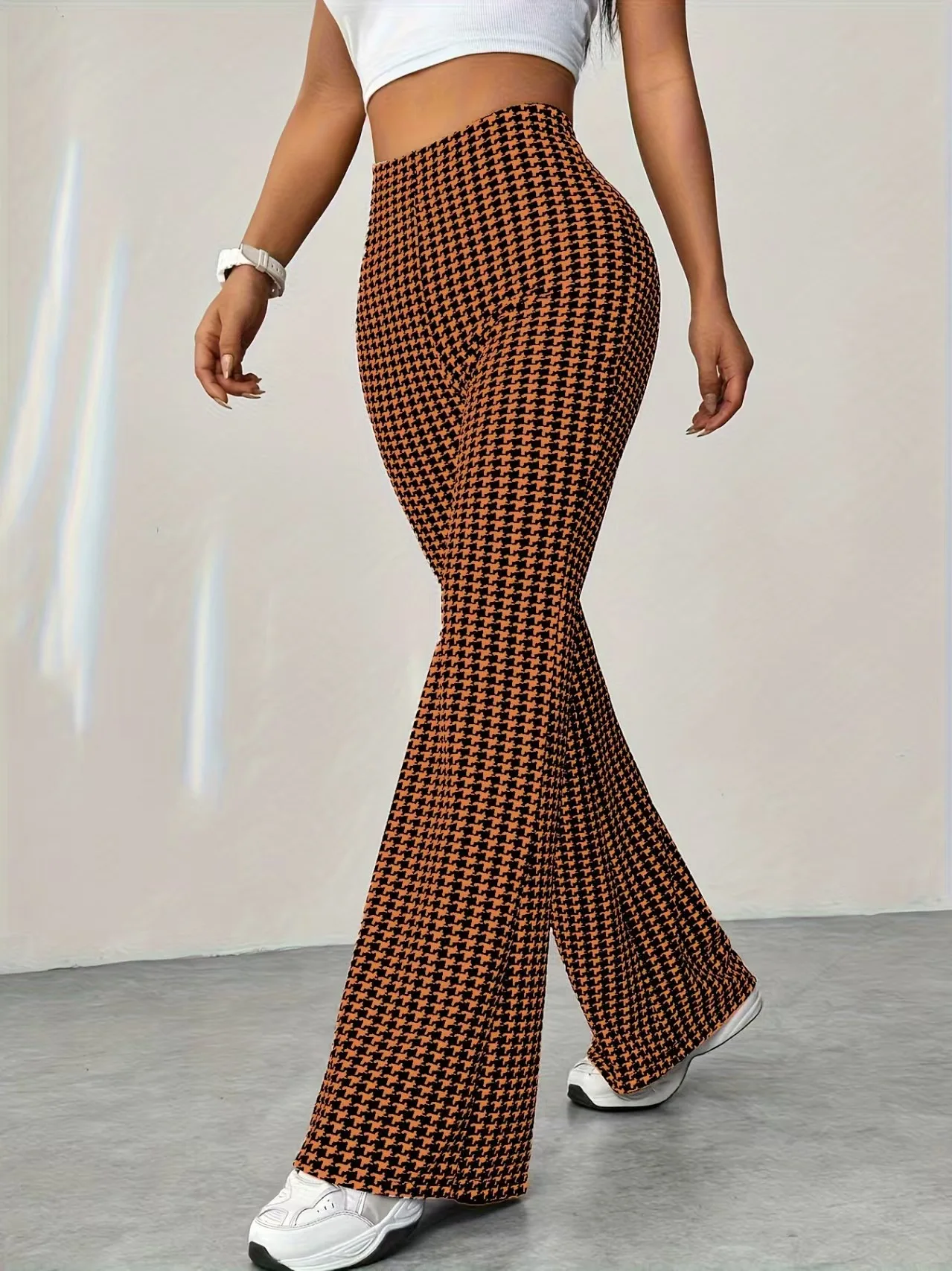 Elastic high waisted herringbone printed flared pants, fashionable casual pants, comfortable micro flared pants 5 Elastic high waisted herringbone printed flared pants, fashionable casual pants, comfortable micro flared pants 5