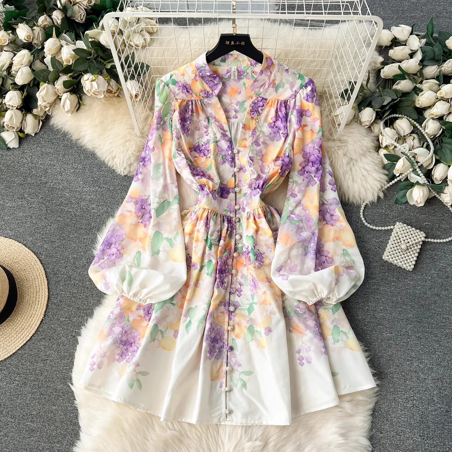 Summer Holiday Runway Mini Dress Women V-Neck Long Lantern Sleeve Flower Print Single Breasted Linen Slim Beach Vestidos 6233