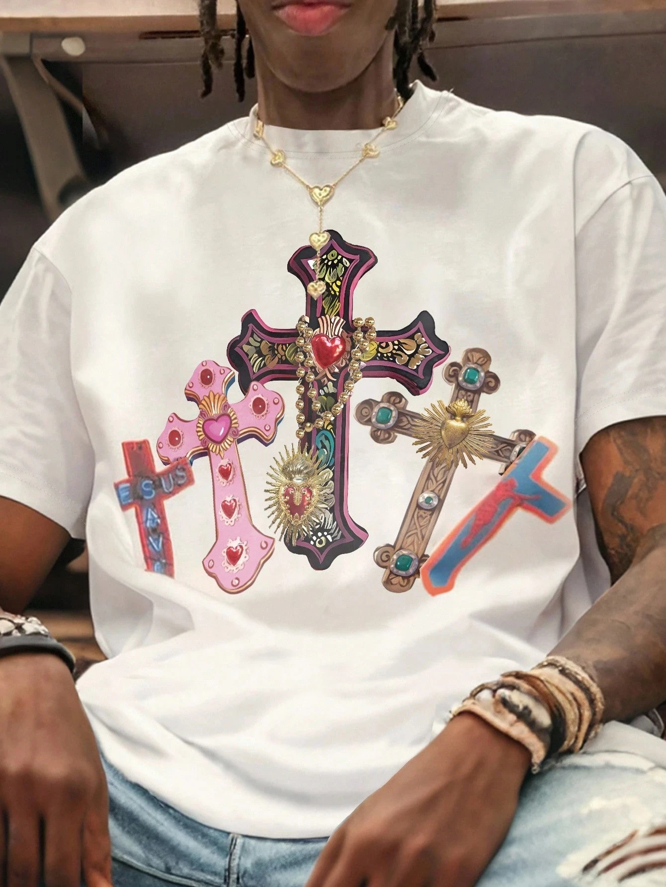 Hommes confortable hommes blanc col rond T-Shirt croix jésus imprimé T-Shirt Vintage chemise graphiq
