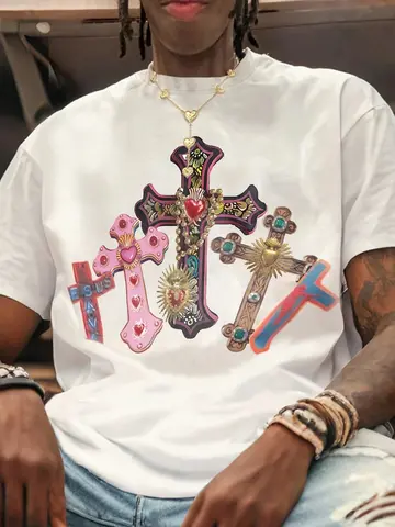 Mens  Comfortable Mens White Crew Neck T-Shirt Cross Jesus Print T-Shirt Vintage Shirt Graphic T-Shirt pro choice streetwear