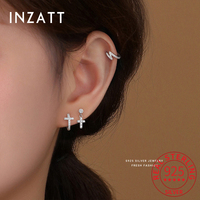 INZATT 1 Piece Real 925 Sterling Silver Zircon Cross Pendant Mini Stud Earrings for Women Light Luxury Ear Bones  Fine Jewelry
