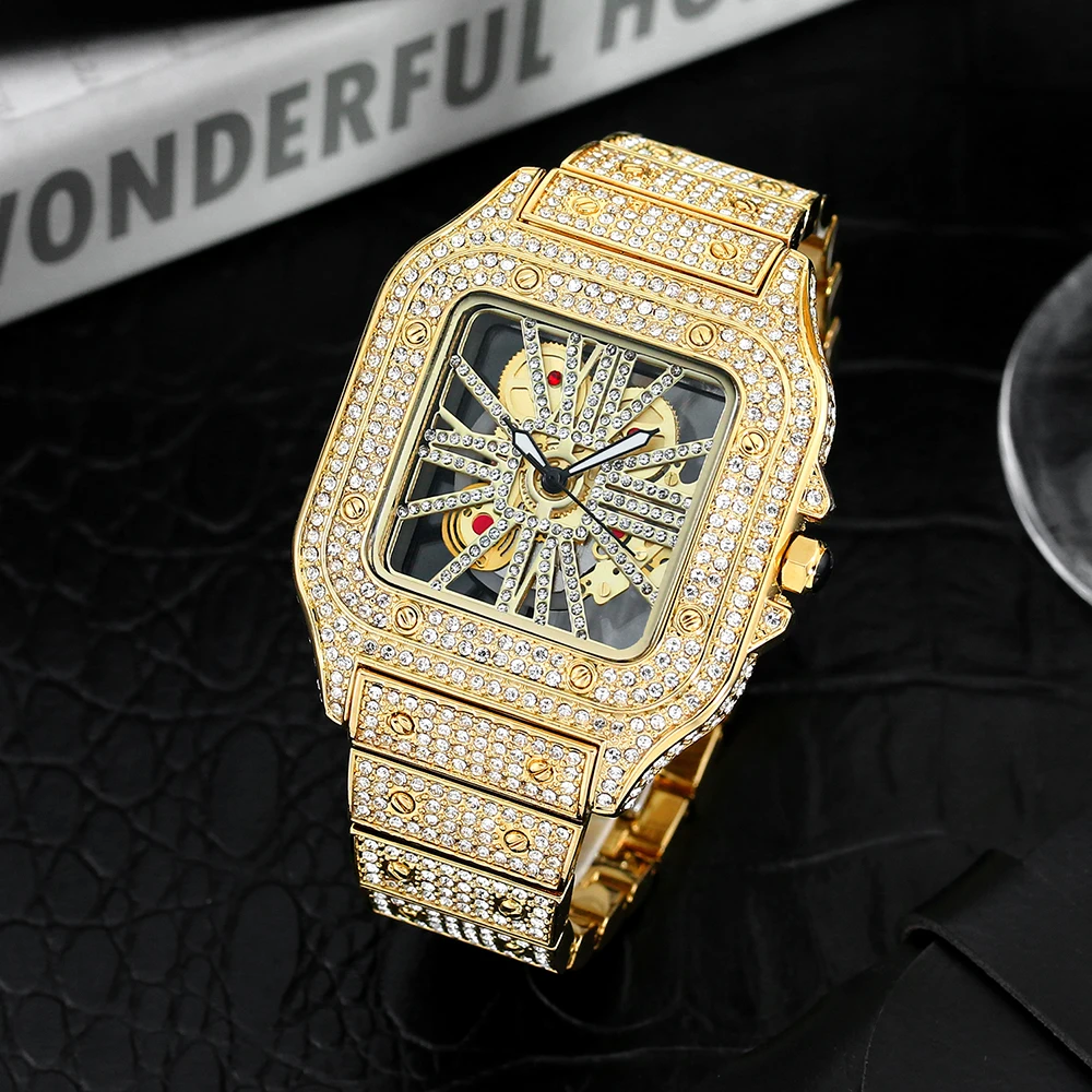 Square Full Diamond Watches For Men Luxury Fashion Ice Out Bling Skeleton Clock Hip Hop Shiny Silver Waterproof Watch Hot Sale