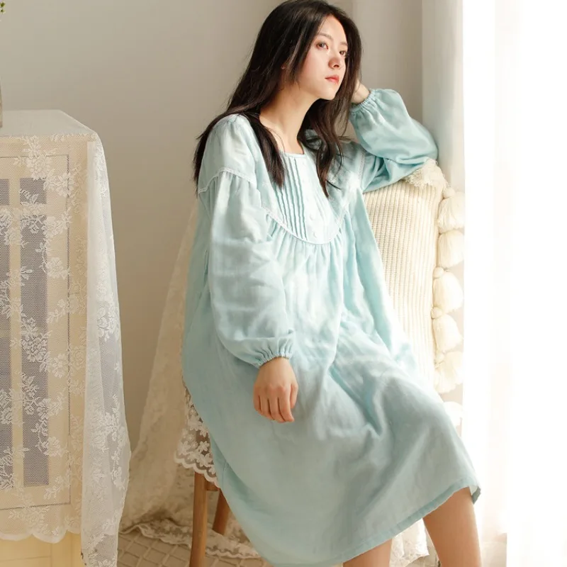 

Summer New 100% Cotton Soft Yarn Lace Knee-Length Nightdress for Women Round Neck Elegant Long Sleepwear