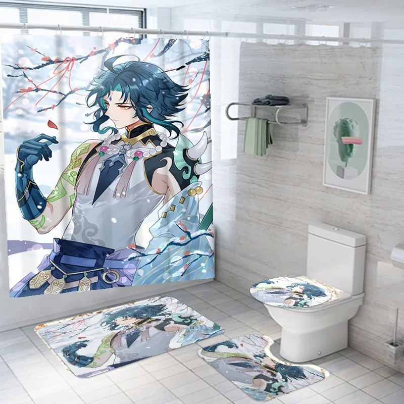 Anime Shower Curtain Genshin Impact 3D Print Bath Mat Set Cartoon Kawaii Loli Girl Bath Curtain Anime Bathroom Toilet Kid Gift