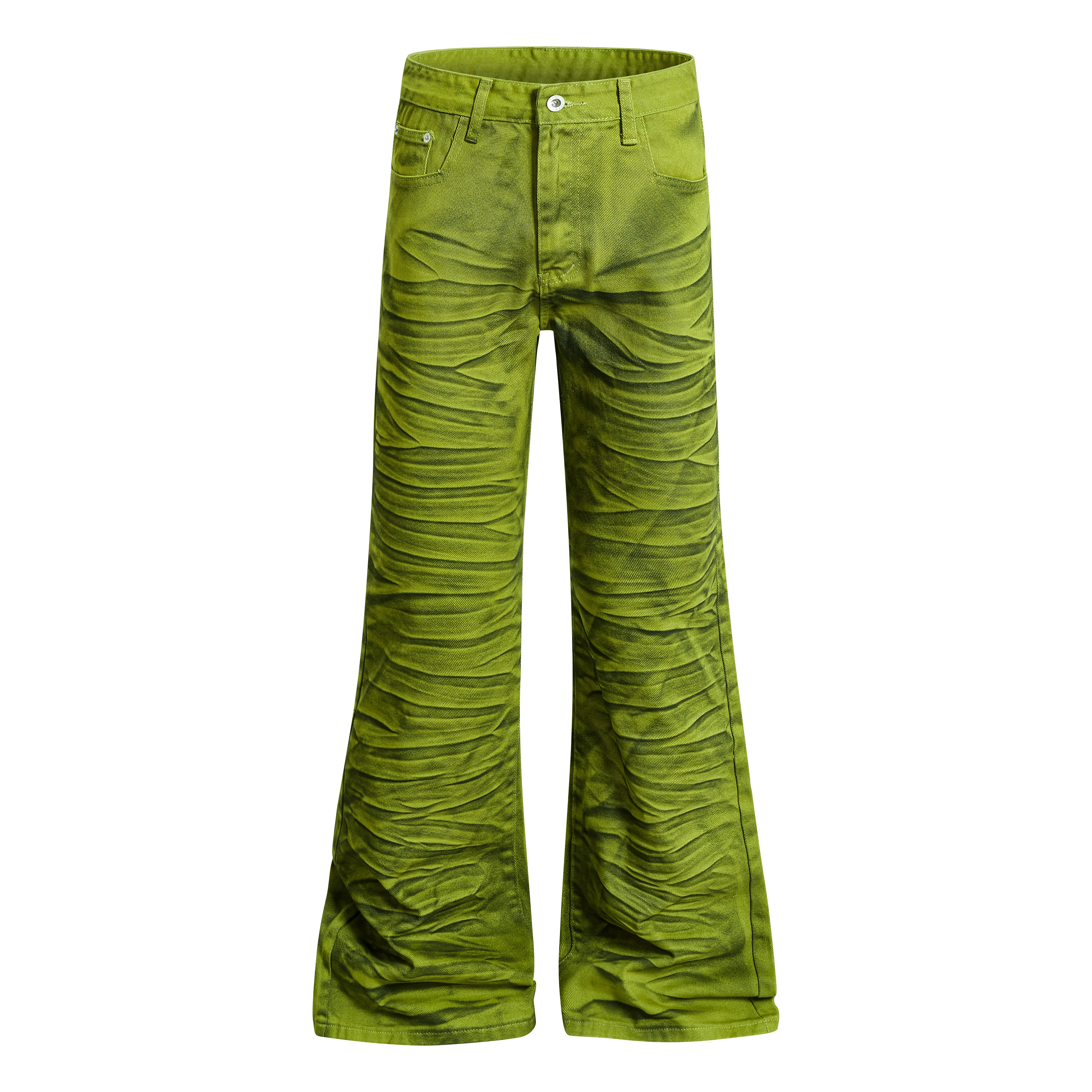 

Vintage Distressed Lime Green Striped Flared Jeans Mens Skinny Flare Denim Trousers Harajuku Hip Hop Washed Jeans Streetwear