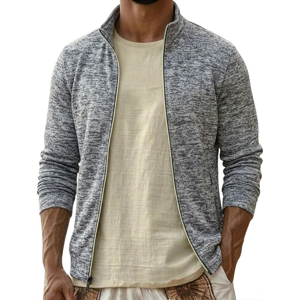 Men New Stand Collar Mock Neck Zip Up Sweatshirt Lightweight Fleece Jacket with Zipper Pockets Casual Fleece Cardigan Coat