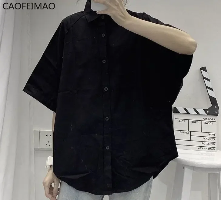 2025Shirts Women Short Sleeve Solid Harajuku Loose Vintage Ladies Tops All-match Summer Chic Stylish Basic Black Clothing Girls