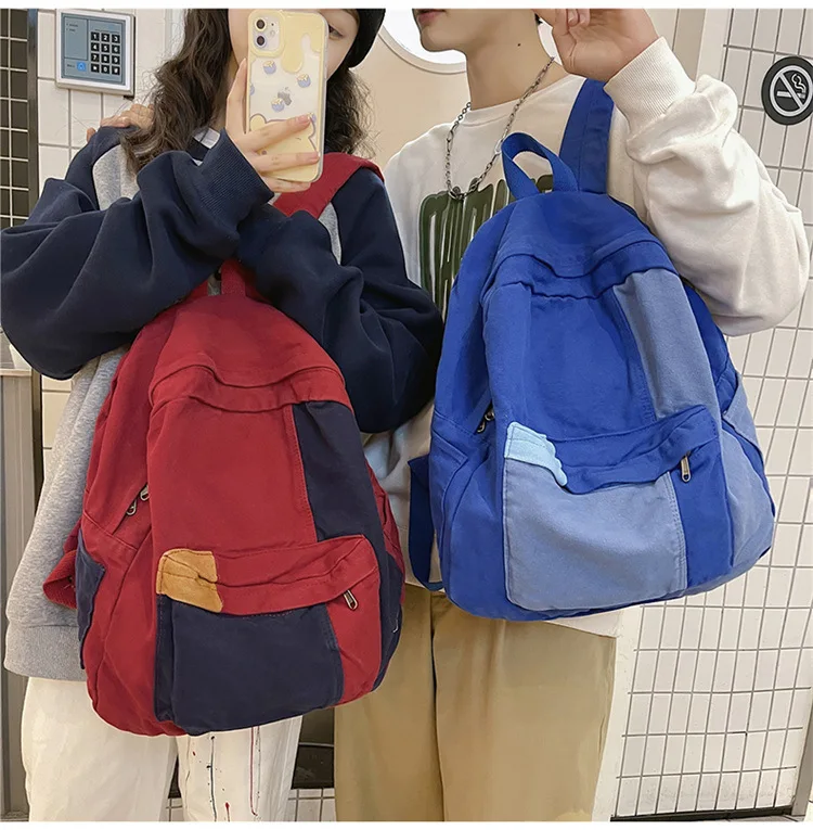 Contrast Color Block Canvas Backpack Large Capacity Casual School Travel Rucksack for Student Daily Use