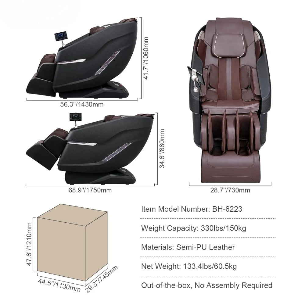 Massage Chair, Flexible SL-Track, 10-18 Auto Modes, 3D Shiatsu, Heating, Bluetooth Speaker, Airbag, Foot Roller and Touch Screen