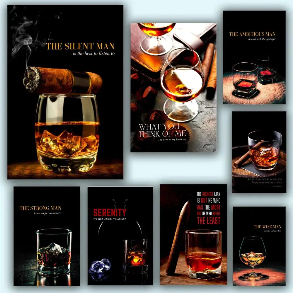 Whiskey Cigars Cocktail Poster Stickers Painting Mural HD Wall Decals for Bedroom Living Room Home Self-Adhesive Decor Gift