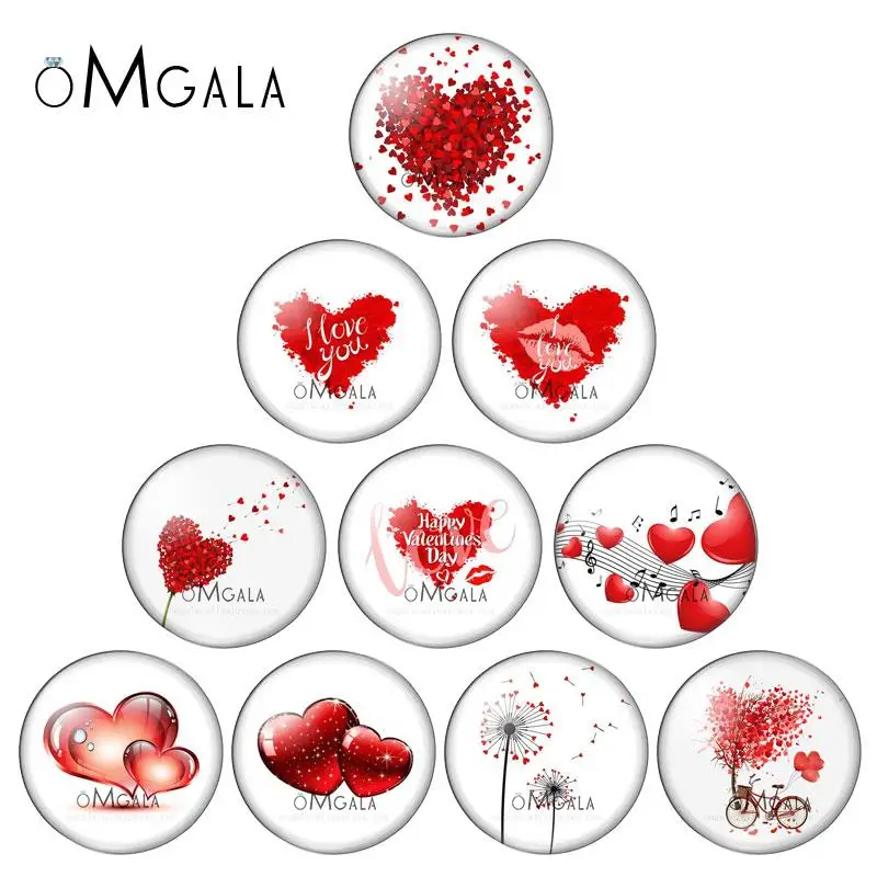 Valentine's Day Red Love Heart Pattern mixed 10pcs 12mm/18mm/20mm/25mm Round photo glass cabochon demo flat back Making findings