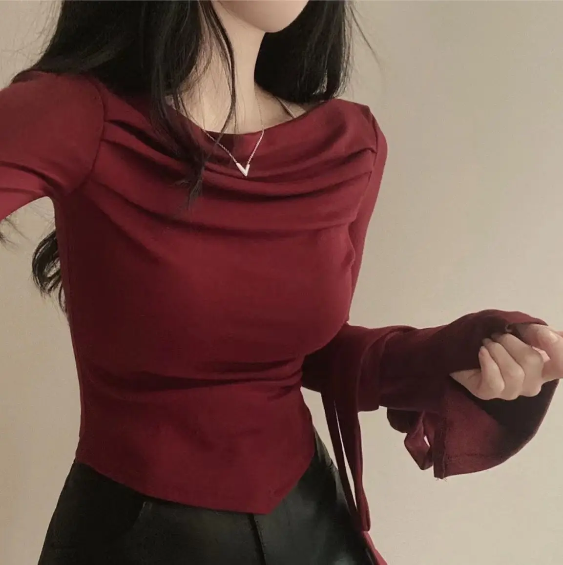 الكورية نمط ChicAutumnslims المرأة خارج الكتف كم طويل تي شيرت التخسيس مثير اقتصاص مطوي قاعدة الأعلى للأزياء #3