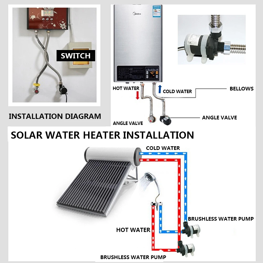 Water Heater Shower Floor Heating Booster Pump DC 12V 24V Brushless Solar Motor Water Pump Silent 4 Points Threaded IP68 US Plug