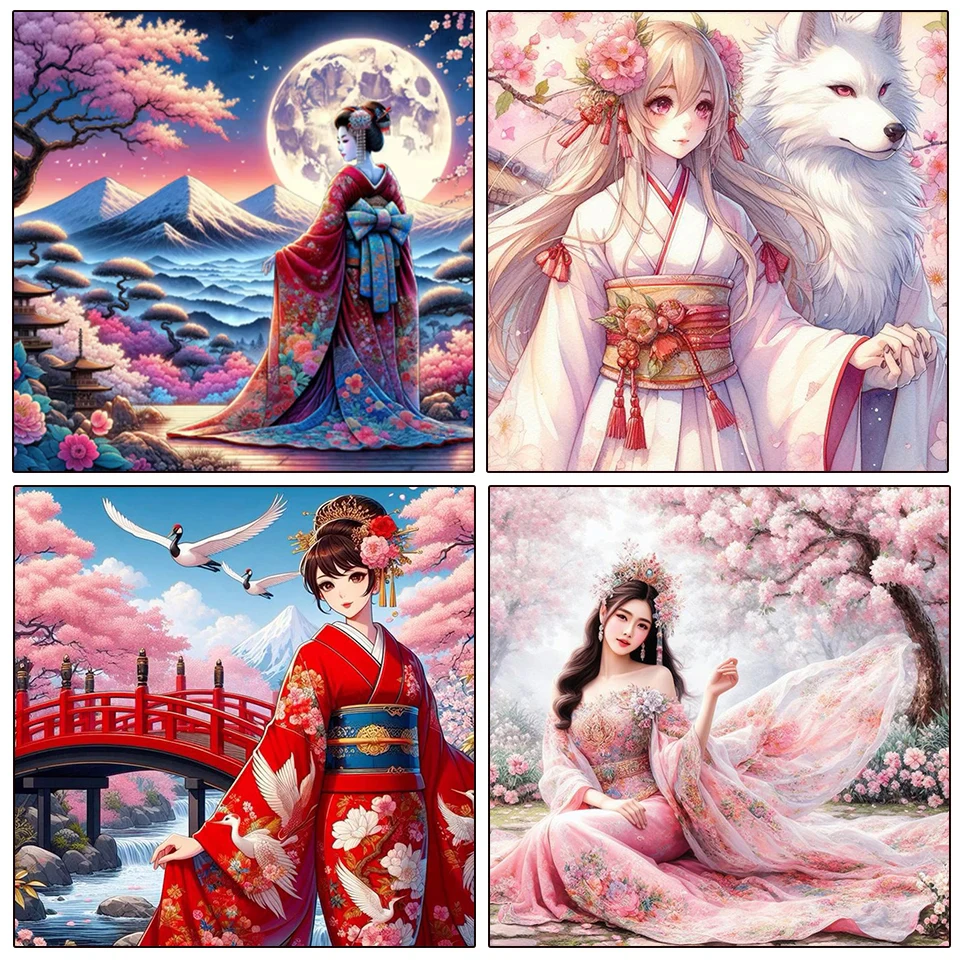 New Beautiful Geisha, Cherry Blossoms and Mountain Scenery Animal DIY Diamond Drawing Cross Embroidery Kit Mosaic Embroidery