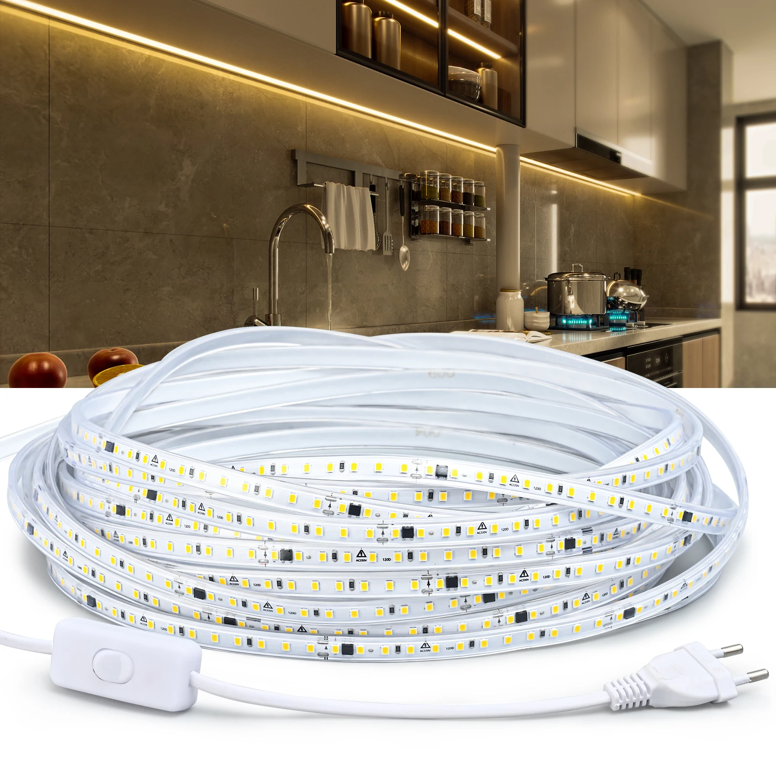 220V Waterproof LED Strip Light High Brightness 120LEDs/m For Home Decoration Kitchen Outdoor Garden LED Light With Switch