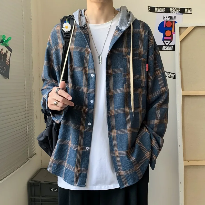 Japanese Hooded Plaid Shirt Autumn Loose Casual Retro Jacket Fashion Trend Draped Tops Men Women's Clothing