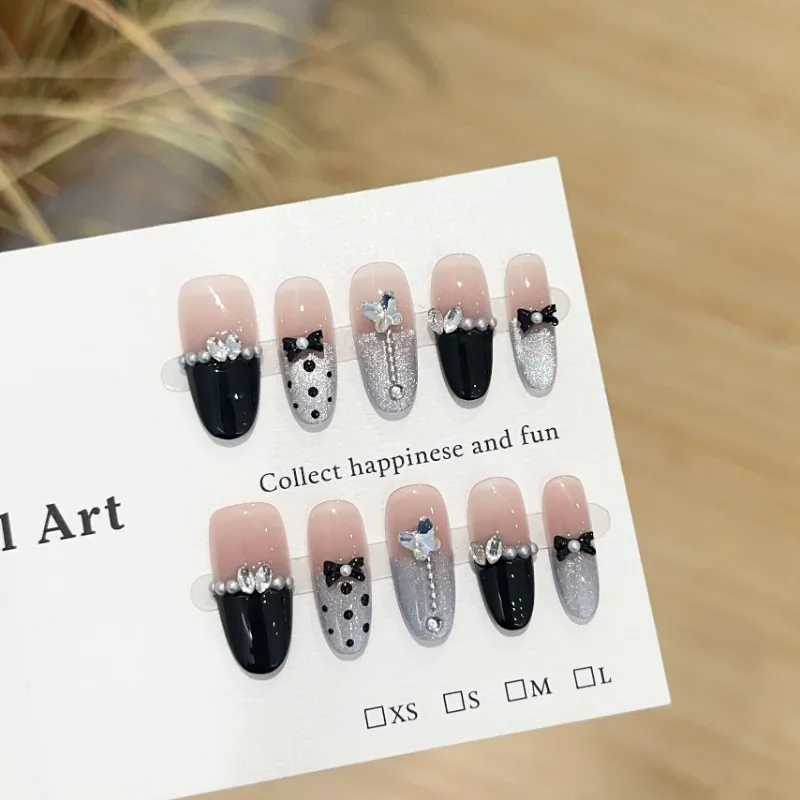 

10 Pieces Pearl Crystal Butterfly Handmade Press On Nails Silver Cat Eye Polka Dot French Fake Nails Removable Reusable