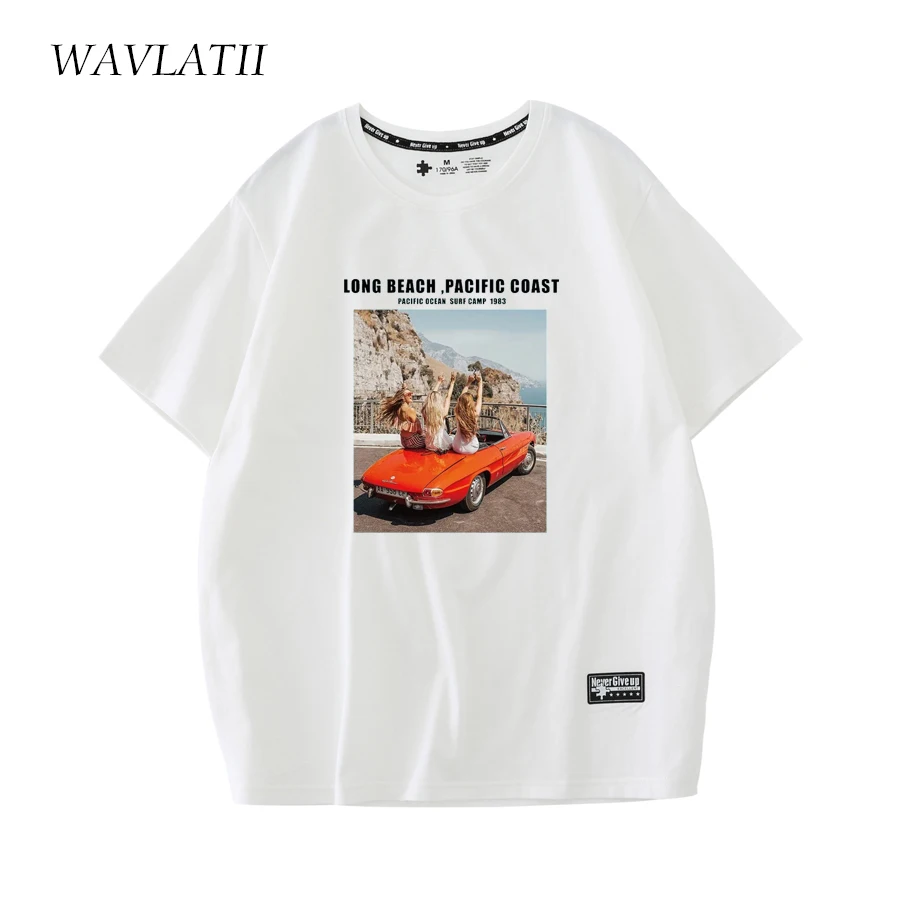 Wavlatii-女性用ピンクのホワイトプリントTシャツ,カジュアルで快適なサマートップ,ストリートウェア,新しいコレクションwt2232