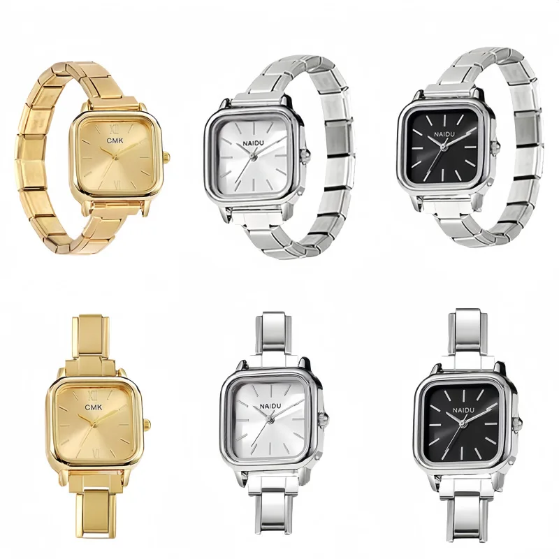 Simple Square Dial Italian Style Module Quartz Watch Stainless Steel Link Strap Ins Light Luxury Daily Women Student Accessory