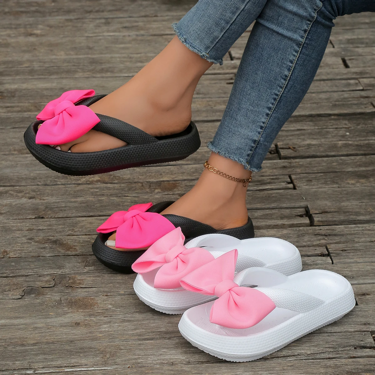 

Summer Ladies Thick Sole Flat Heel Sandals Sweet Pink Bow Decoration Beach Vacation Travel Leisure Walking Home Slippers