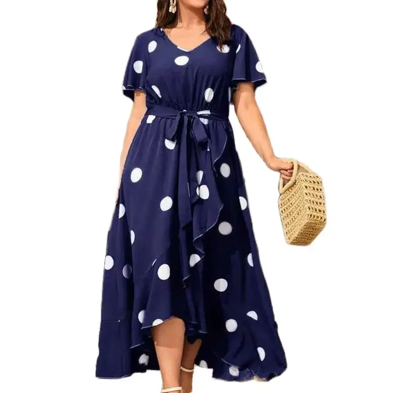 

Fashion Dot Print High Waist Lace-up Dresses Women Commuter Casual Party Dress Female Ruffle Short Sleeve V Neck Pullover Gown 4
