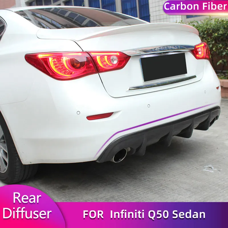 

Задний бампер из углеродного волокна, диффузор, спойлер для Infiniti Q50 Sedan, 4-дверный 2014-2017, автомобильный задний диффузор, фартук, комплект для губ, черный из искусственной кожи