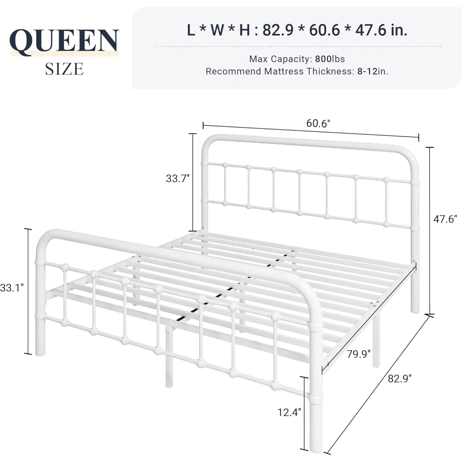 Marco de cama con plataforma de metal tamaño Queen de EE. UU. con cabecero/pedal artístico de hierro forjado de estilo victoriano, no requiere somier, blanco