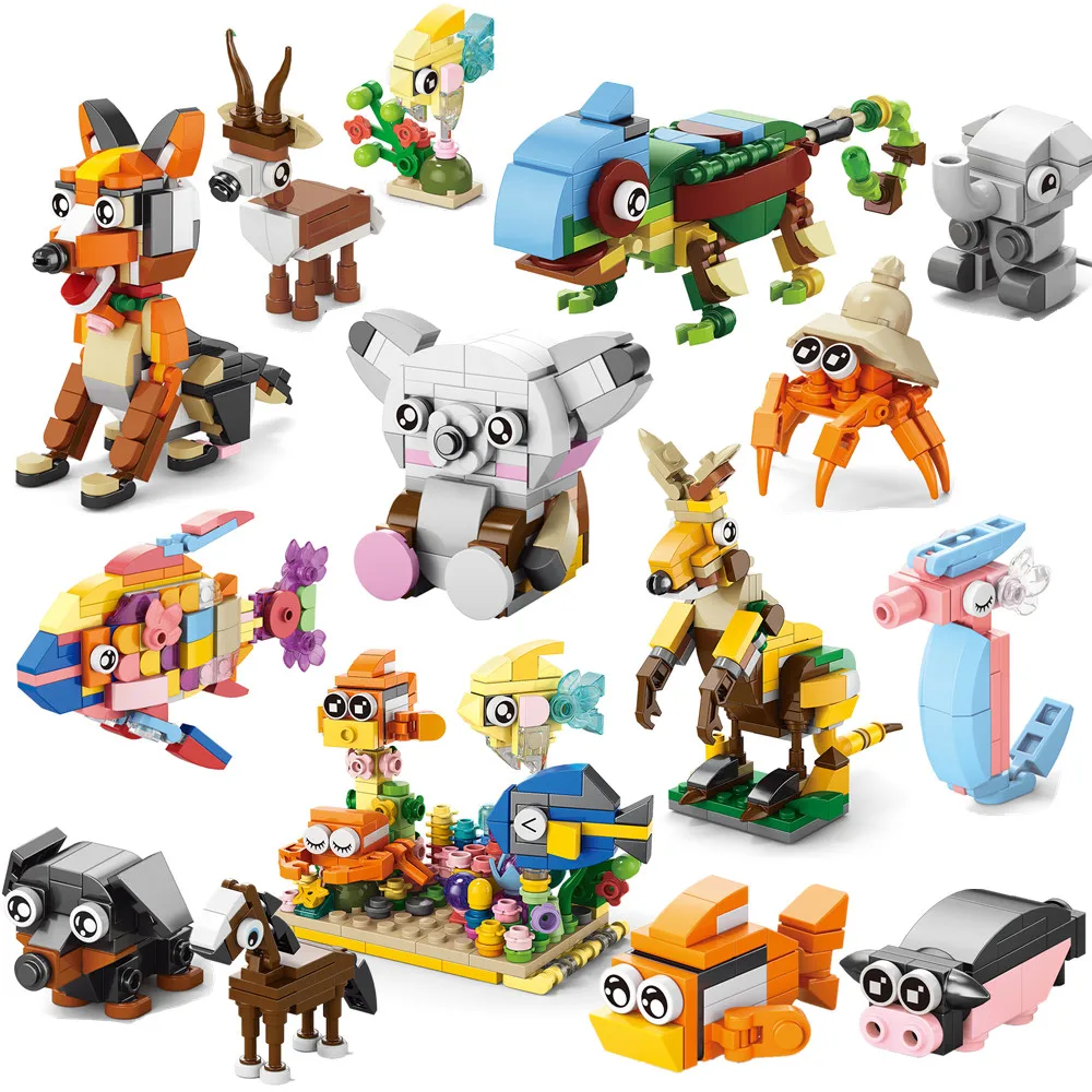 Animals World Insect Fish Bird Dog Elephant Panda Giraffe Honeybee 10 In 1 Building Blocks Kit Bricks Model Kids Toy Children