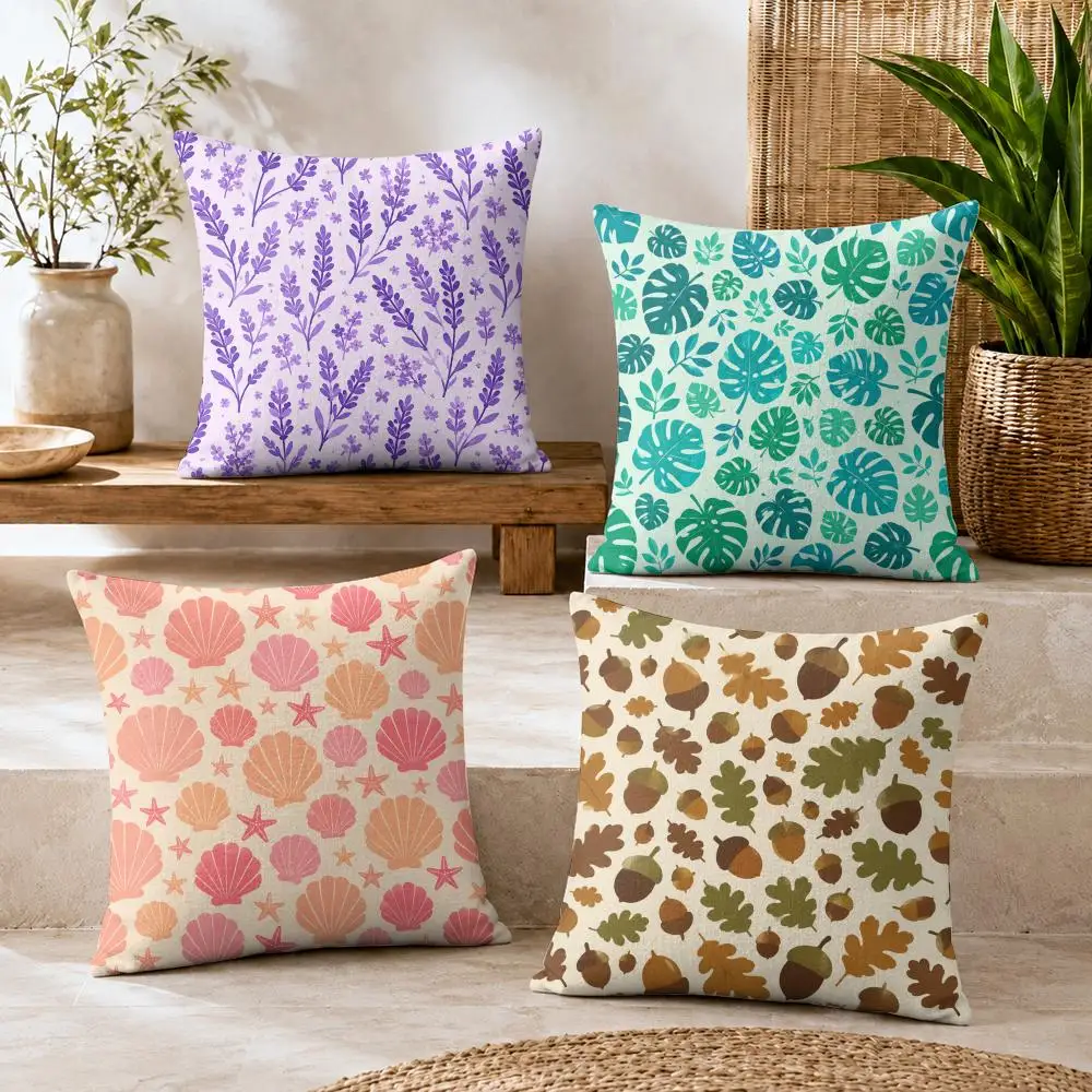 Seasonal Botanical Seamless Cushion Cover Summer Coolness Linen Organic Fabric Sofa Pillow Case Double-Sided Printing Home Decor