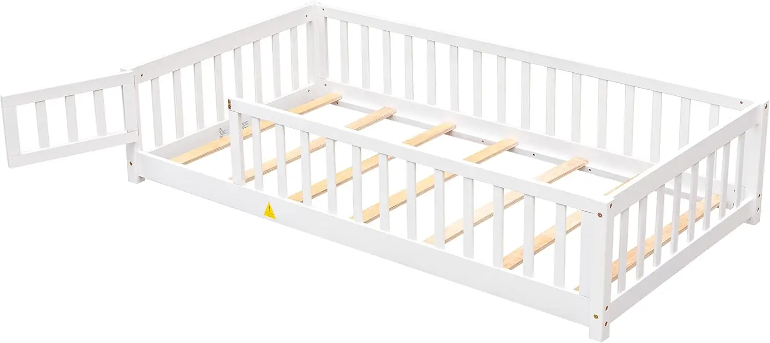 Cama infantil tamanho com porta e cerca, cama de chão montessori com ripas e guarda-rails de segurança, estrutura de cama dupla de madeira maciça para meninas