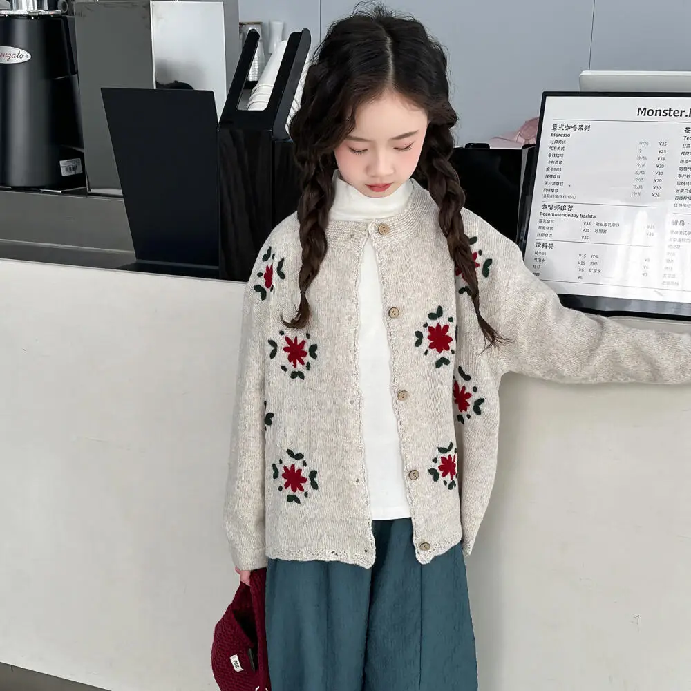 

Kawaii Girl Round Neck Cardigan Sweater Student Spring and Autumn Cartoon Casual Long Sleeves Knitwear Tops Children's Clothing