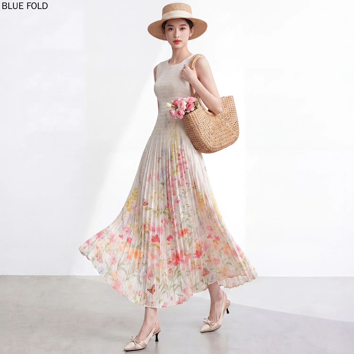 Vestido PLEATS para Mujer, Verano, Estampado de Alta Gama, Sin Mangas, Estilo Resort, Miyake, Corte en A, Efecto Adelgazante