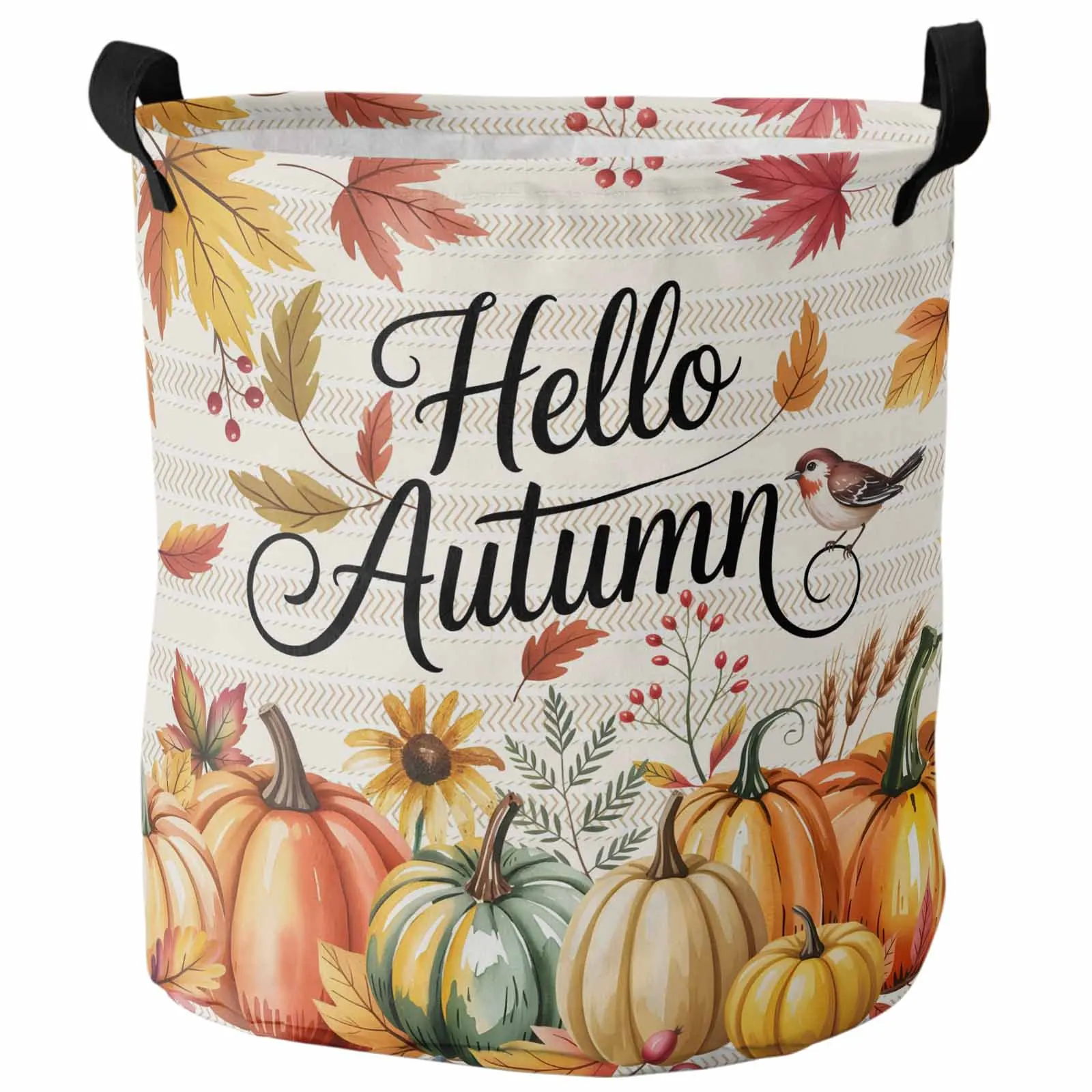 

Letter Hello Autumn Pumpkin Foldable Dirty Laundry Basket Kid's Toy Organizer Waterproof Storage Baskets