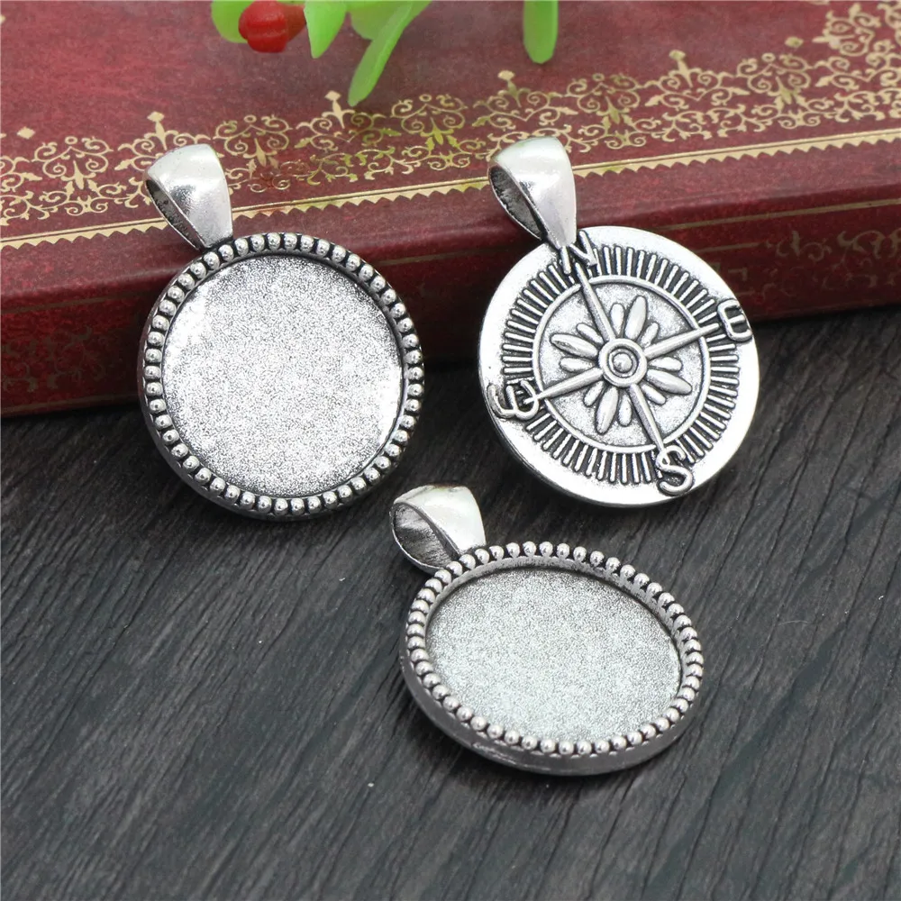 10pcs 20mm Inner Size Antique Silver Plated And Bronze compass Style Cabochon Base Setting Charms Pendant