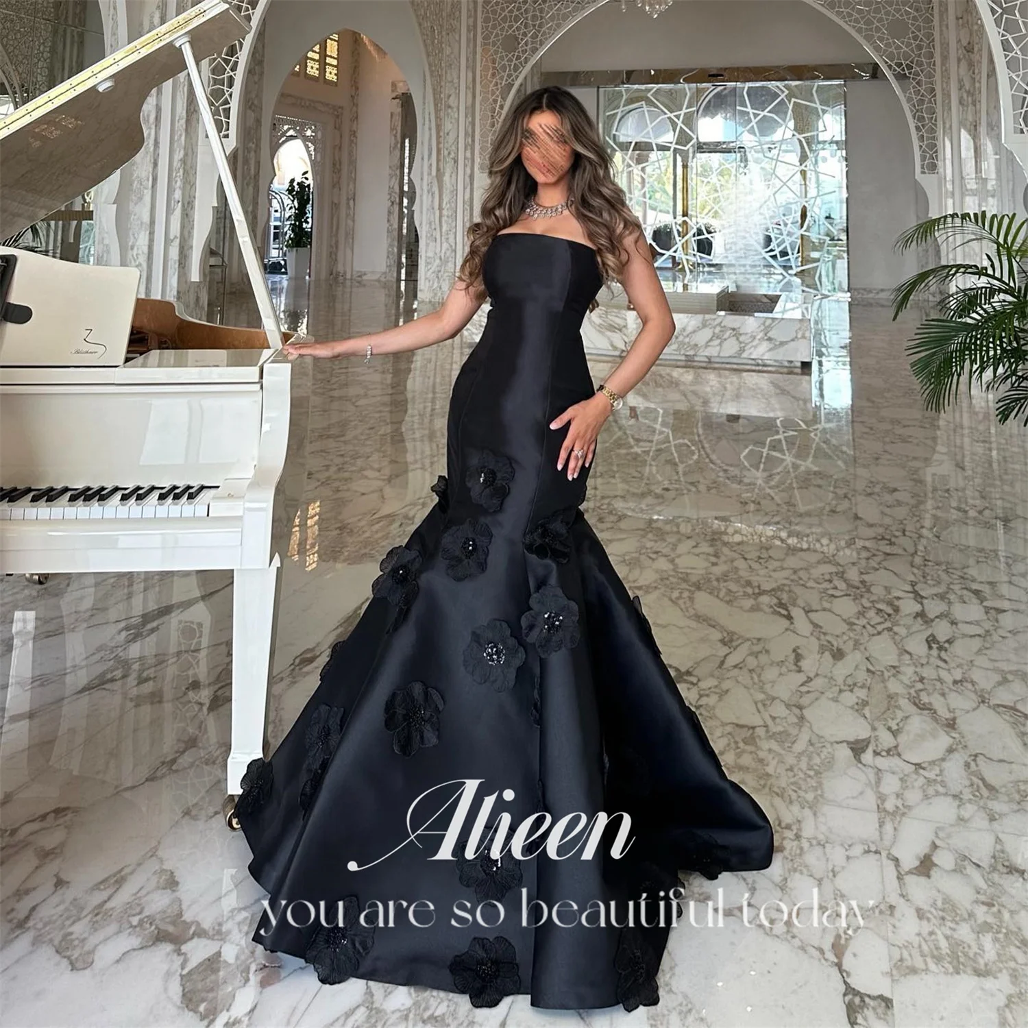 Aileen Satin 3D Flowers Off the Shoulders Black Robe De Soiree Femmes Sharon Happy Evening Dresses for Formal Occasions Party