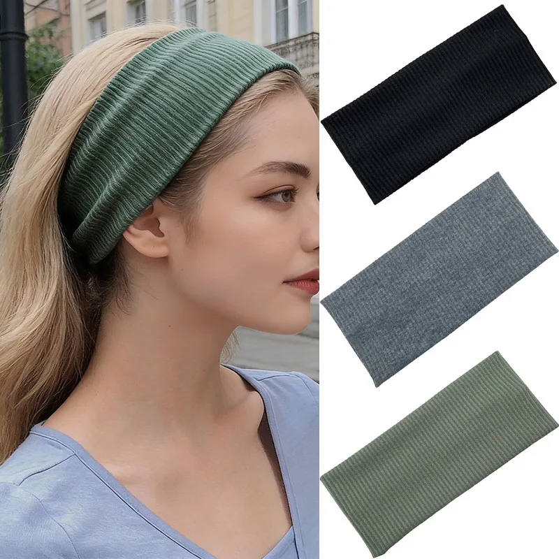

Casual Solid Color Yoga Knitted Headband Wide Turban Striped Headwrap Fashion Girls Hairband Hair Accessories