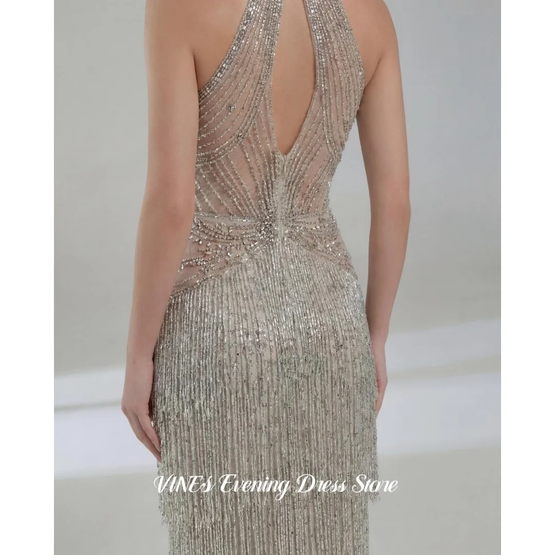 VINES Silver Halter Neck Prom Dress Mesh Crystal Beaded Tiered Fringe Tassel Mermaid Evening Dress Luxury Party Dress Customized view 4