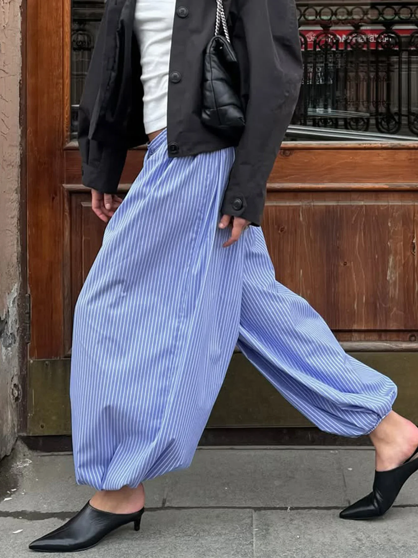 Fmxires Streetwear Blue Striped Print Casual Pants Elastic Low Rise Loose Trousers y2k Aesthetic Korean Style Hippie Trousers