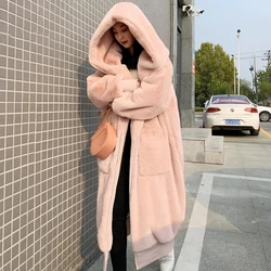 Elegant Hooded Long Winter Faux Fur Coat Women Fashion Plush Fur Coats Hoodies Loose High Quality Thick Warm Winter Fur Overcoat