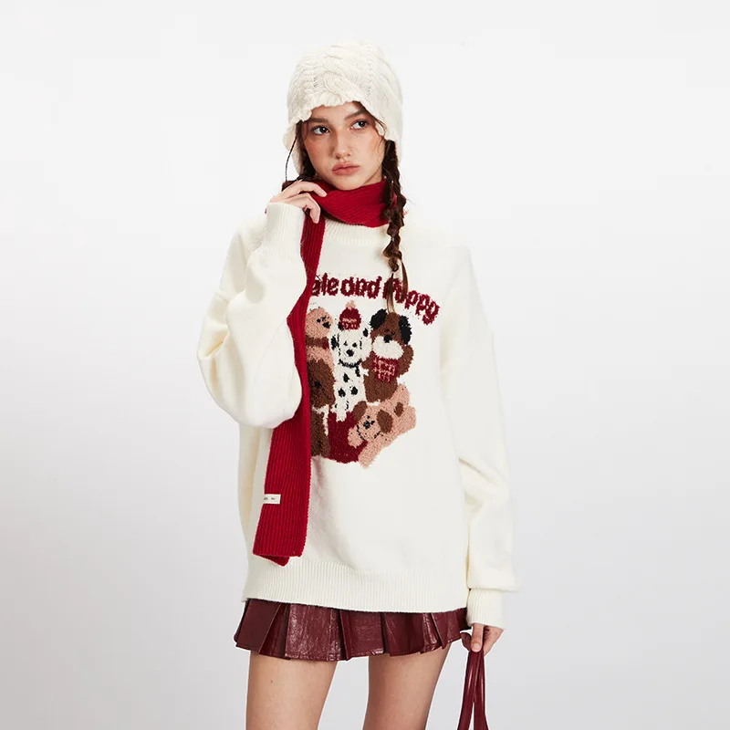 

Autumn Winter American Style Crew Neck Pullover Sweater for Women with Cartoon Bear Pattern, Loose and Lazy Knitted Top