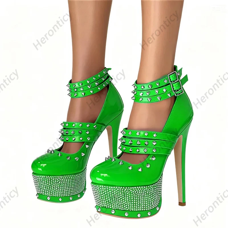 

Heronticy Handmade Women's Orange Patent Leather Heels - Spiked Studded Ankle Strap High Heels for Party Ladies US Size 5-20