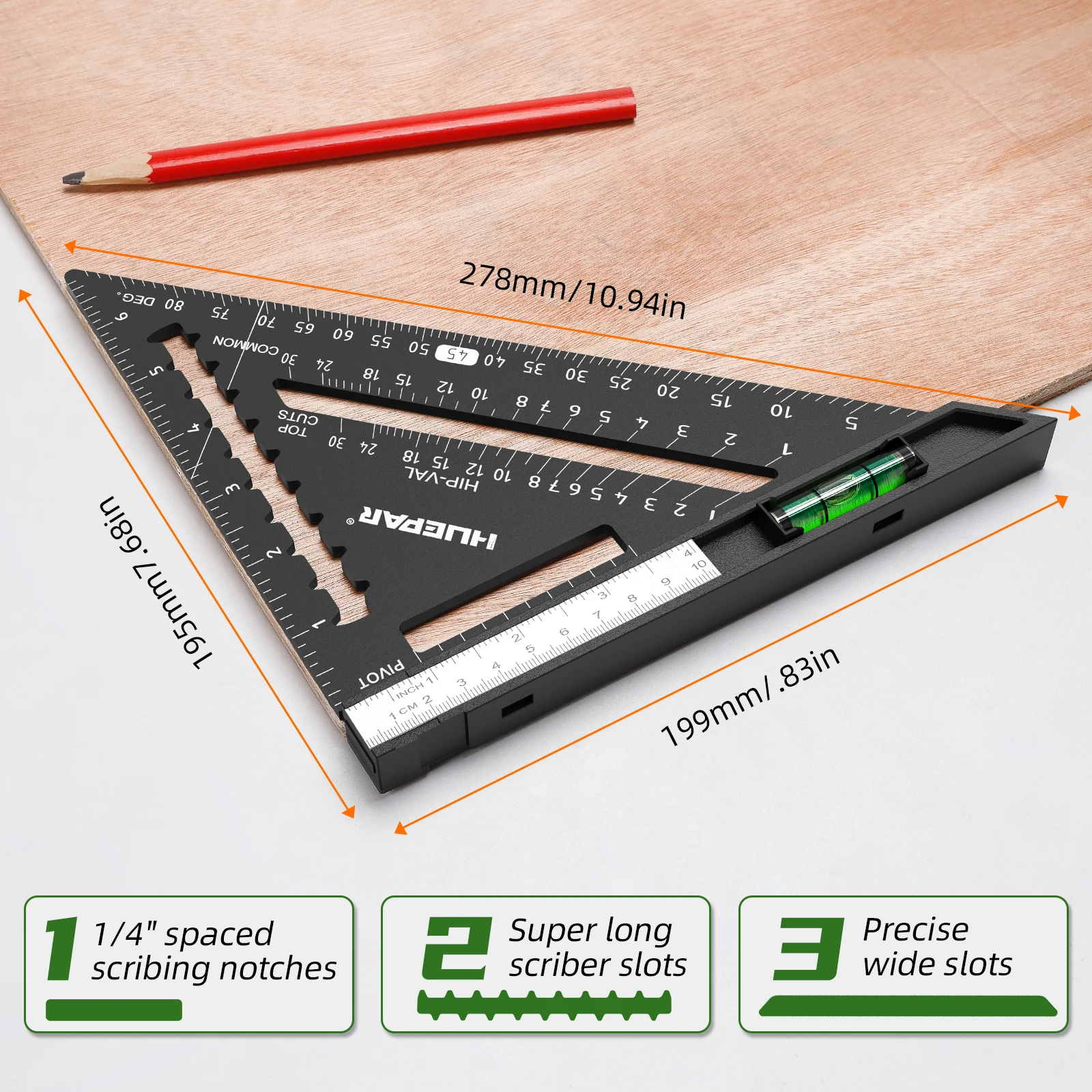 Huepar 7inch Triangle Ruler Aluminium Alloy Carpenter Square Precise Stainless Steel Meauring Tools With Spirit Level