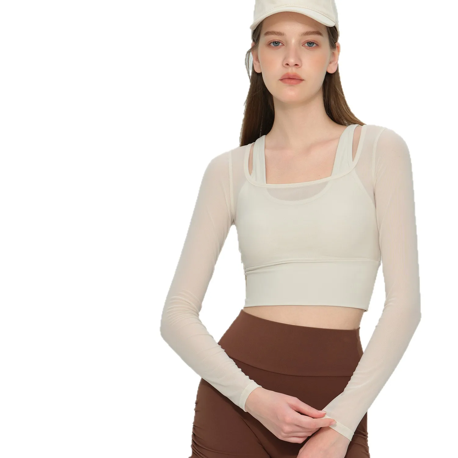 Women's Long-Sleeved Mesh Sports Top with Chest Cushion for Running Pilates Training Fitness Two-Piece Workout Suit