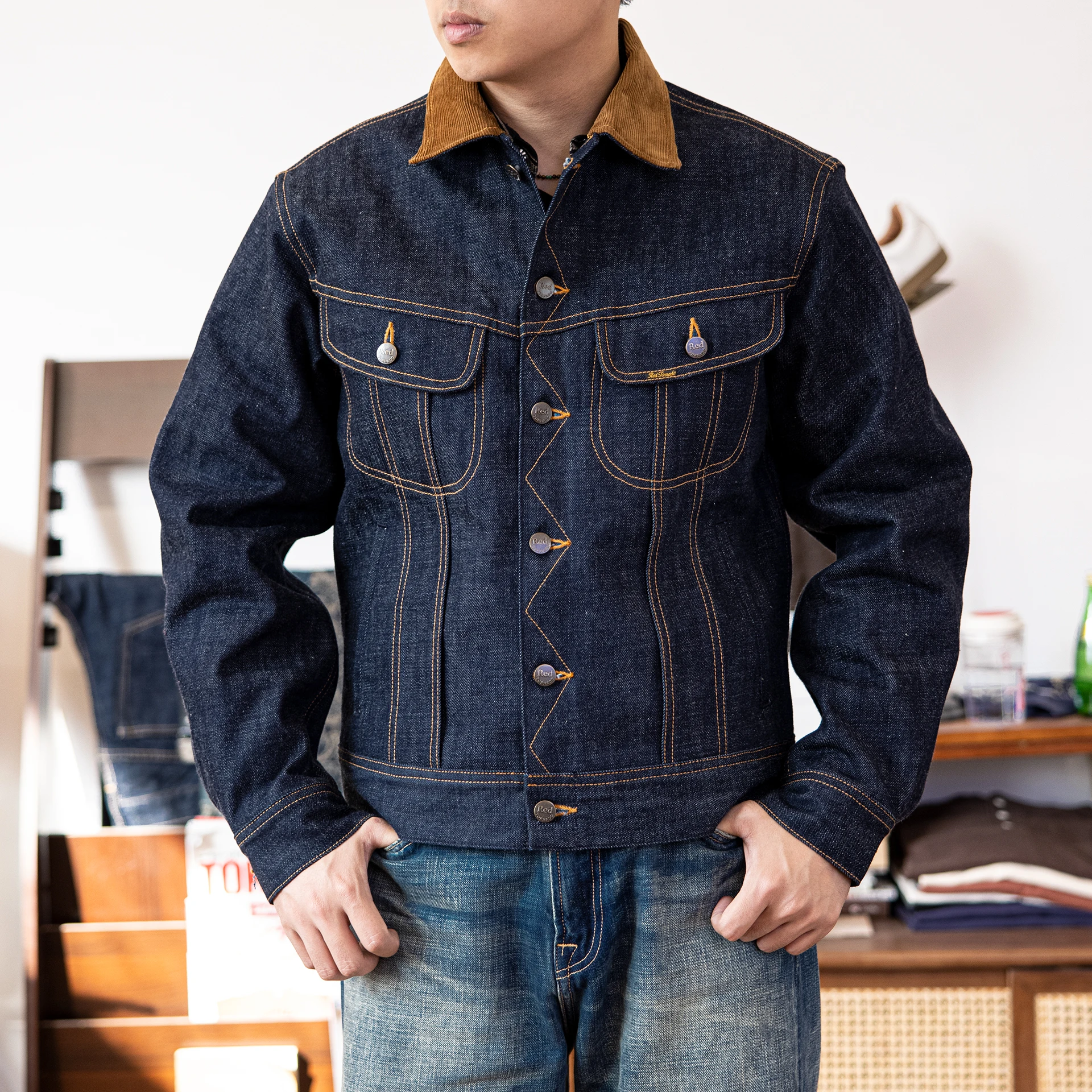 LE-0003 Big Size 18oz High Quality Cotton Denim Jacket Casual Stylish Unwashed Stormrider Coat