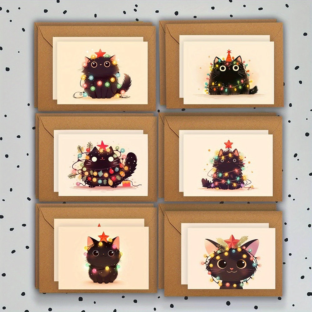 Cute Cat Card Cartoon Birthday Card Holiday Blessing Gift Card Christmas Gift (6 cards+6 envelopes)
