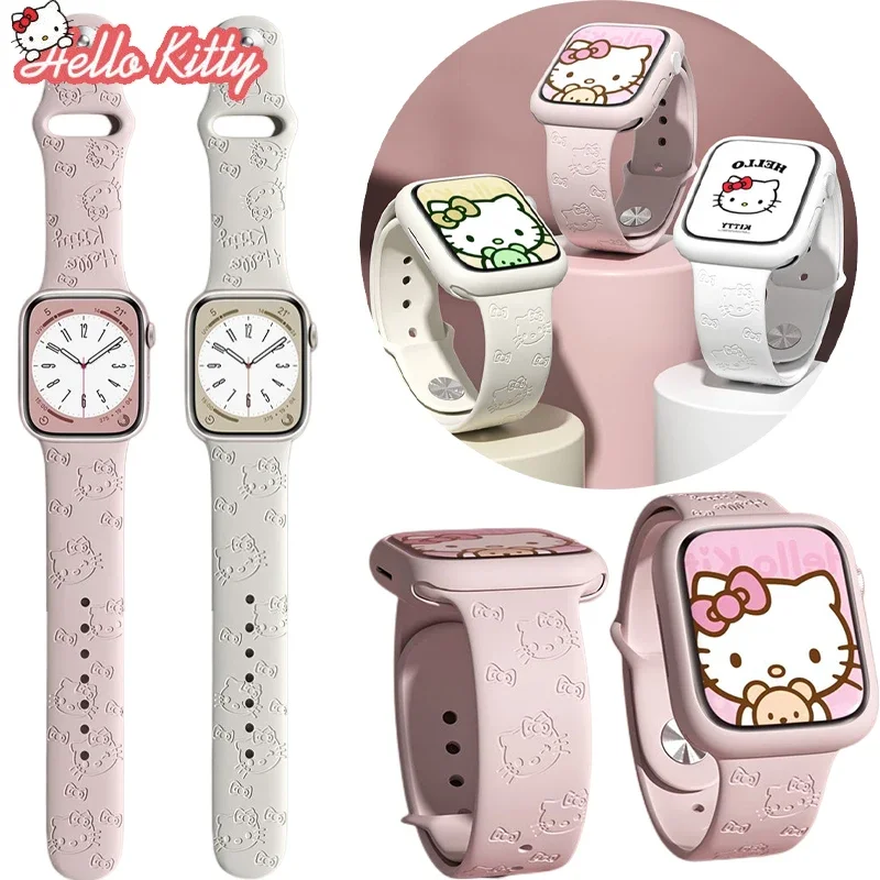 Original Sanrio Hello Kitty Leather Link for Apple Watch Band 45mm 41 44mm 40mm 49mm Bracelet IWatch 8 9 7 6 5 Strap Watch Strap