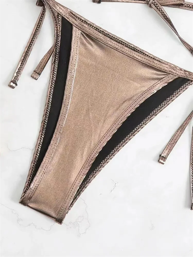 Bikini Donna Metallic Vita Alta Oro – Set 2 Pezzi Con Laccetti Laterali, Taglia XS - 2