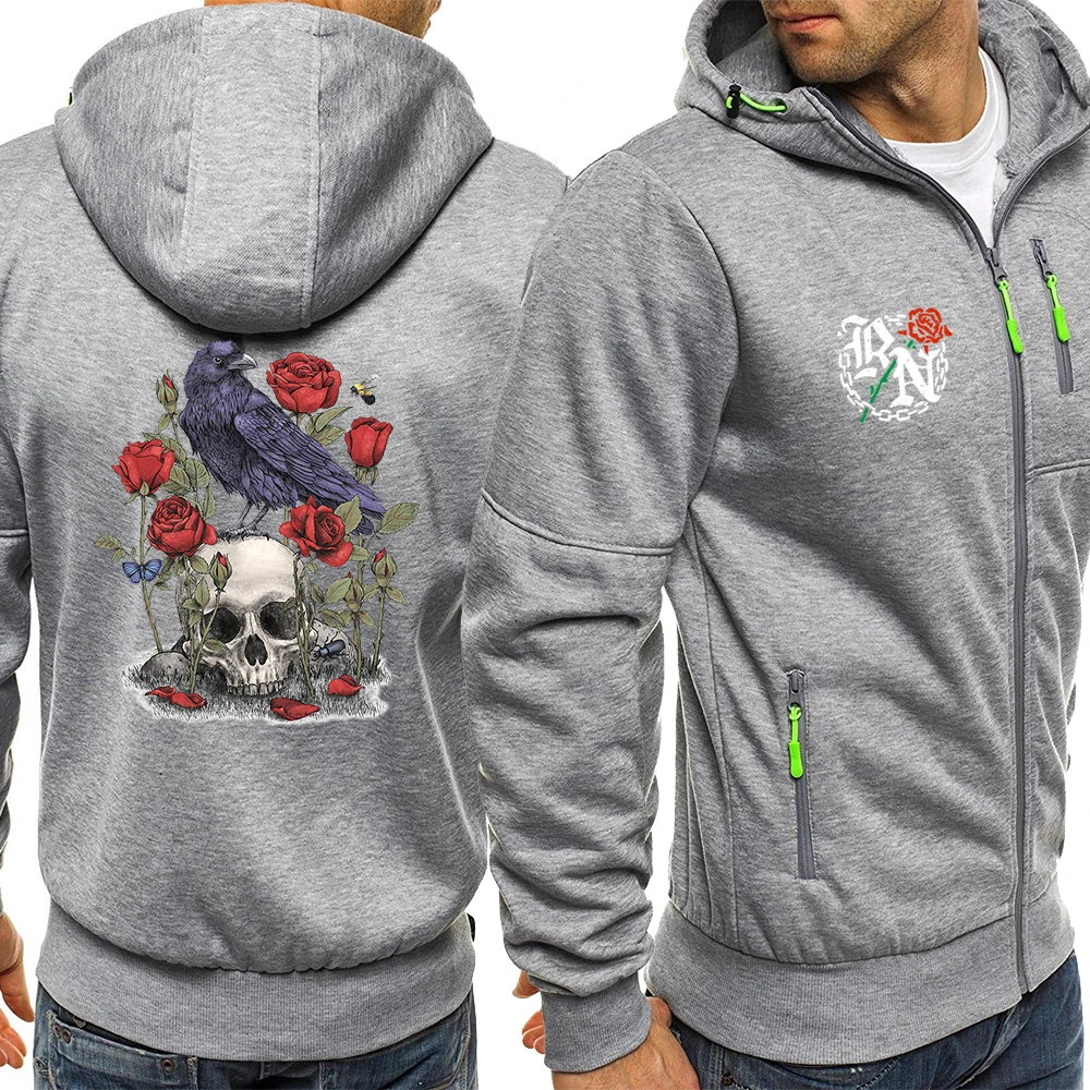 Art Nouveau Skull Rose Crow Butterfly Sweatshirt Men Funny Casual Wear Pocket Hoodies Winter Fleece Zip Up Clothes Zipper Hoody