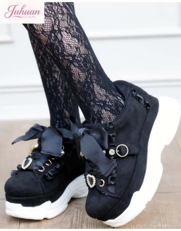 Scarpe da muffin giapponesi Sweet Lolita Love Scarpe da ginnastica con plateau con fiocco in strass Scarpe casual Scarpe da studente da donna Campus Incontri giornalieri