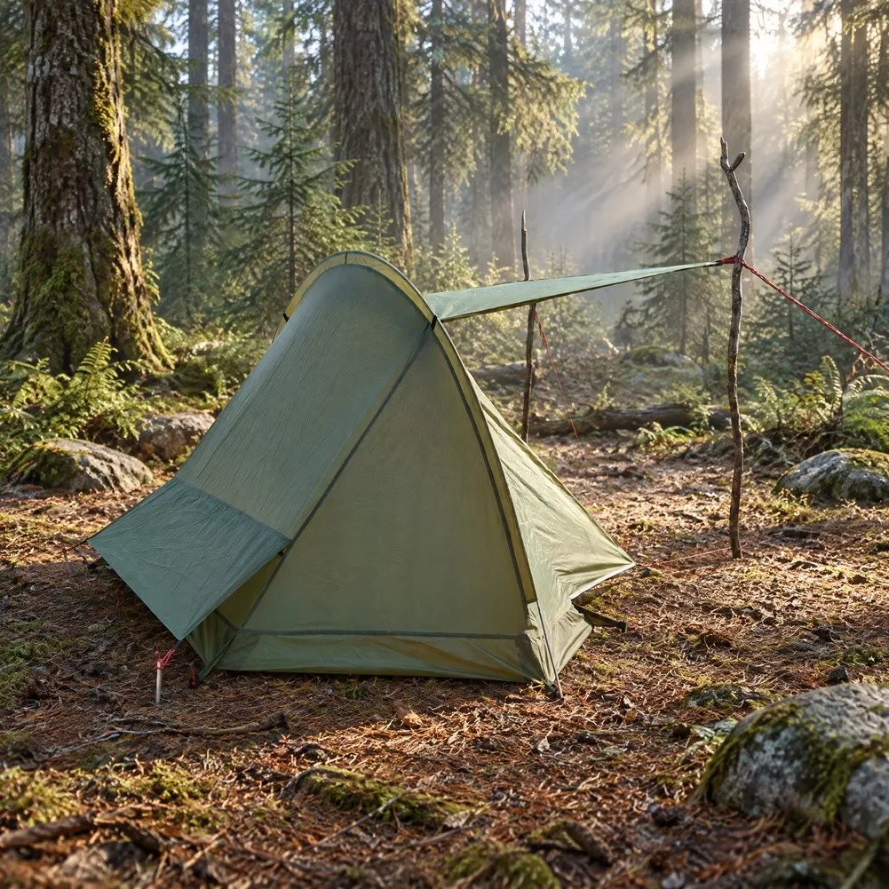 Single-Person Ultralight Tent with Aerodynamic Tunnel Profile and Structural Stability for Variable Conditions